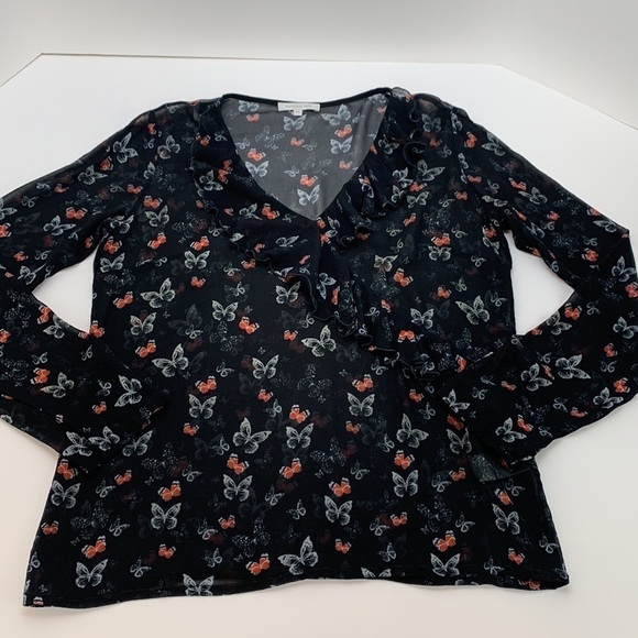 Patrizia Pepe Black Sheer Butterfly Print Ruffle Trim Top Size 44 (small… - Picture 6 of 16